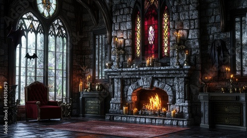 A grand living space featuring a massive stone fireplace, stained glass window, and throne-like armchair, accentuated by ornate candle holders and rich burgundy-gold hues. 