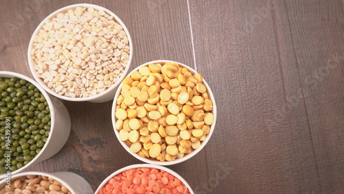 Assorted different types of beans and cereals grains. Set of indispensable sources of protein for a healthy lifestyle. Everyday use at Indian households.