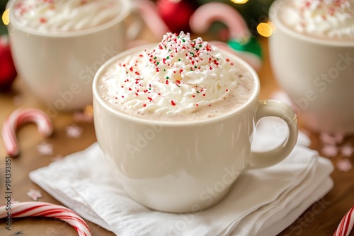 Milk chocolate and coffee latte with a candy cane, topped with whipped cream and red sprinkles on the glass mug.