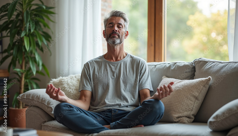 Fototapeta premium Mature peaceful man relaxing, meditating at home, reduce stress seated on couch, enhance self-awareness and mindfulness, boost emotional well-being, method to enhance spiritual growth and connection