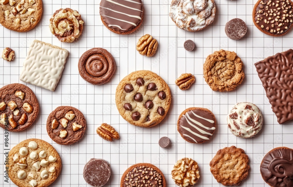 A variety of cookies and pastries, including chocolate chip cookies with nuts on top. A variety of cookies and pastries, including chocolate chip cookies with nuts on top.