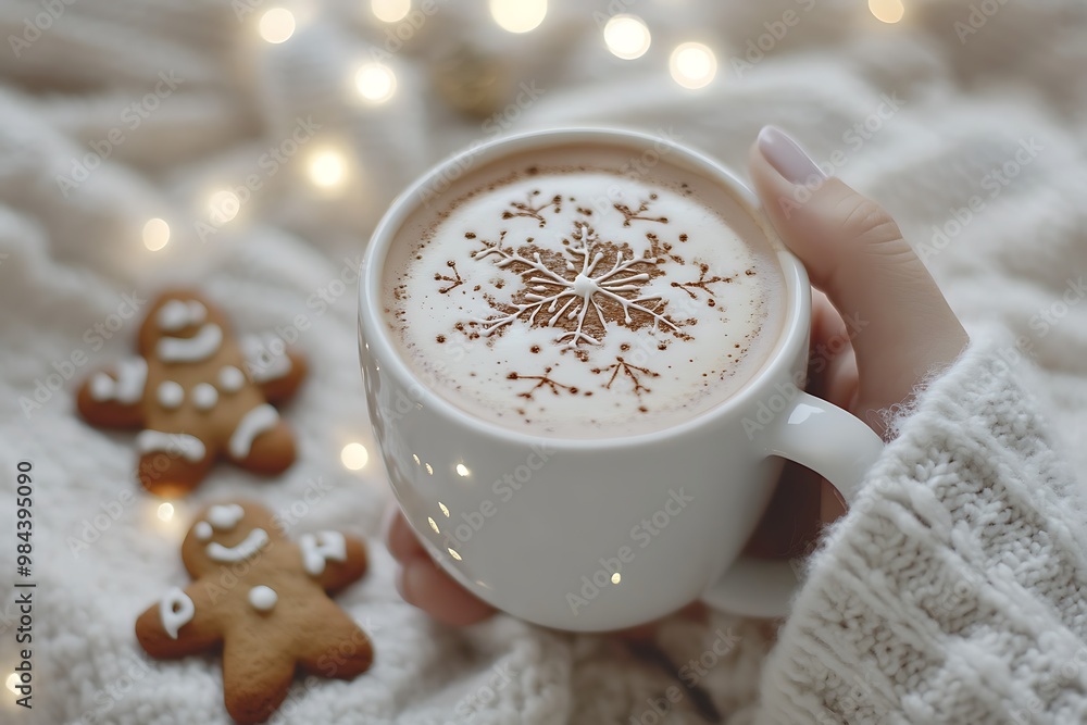 Milk chocolate and coffee latte with a candy cane, topped with whipped cream and red sprinkles on the glass mug. Milk chocolate and coffee latte with a candy cane, topped with whipped cream and red sprinkles on the glass mug.