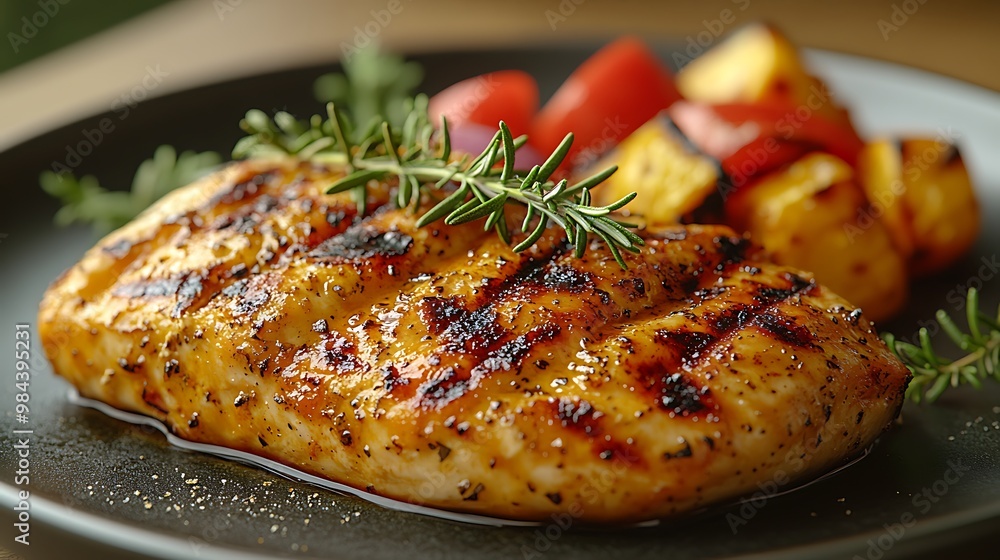 Close-up of grilled chicken breast with rosemary and roasted vegetables on a black plate. Close-up of grilled chicken breast with rosemary and roasted vegetables on a black plate.