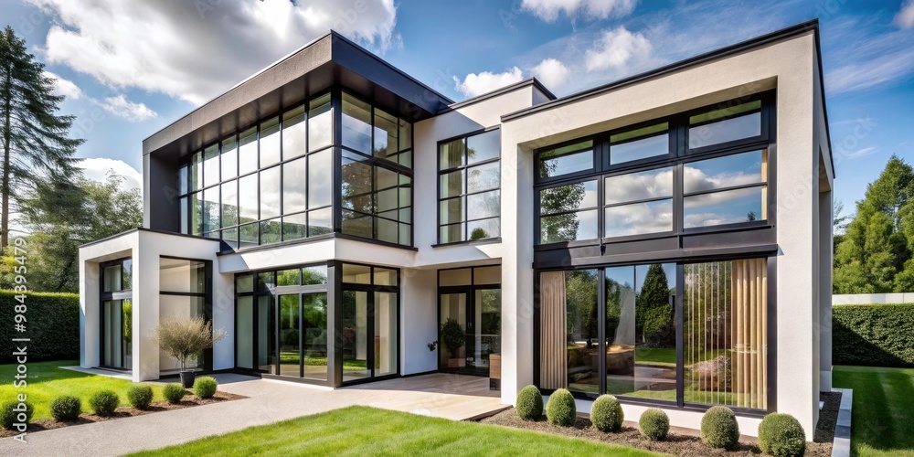 Black window frames, adorned with geometric lines, complement the modern home's design, bringing forth a sense of elegance and sophistication. Black window frames, adorned with geometric lines, complement the modern home's design, bringing forth a sense of elegance and sophistication.