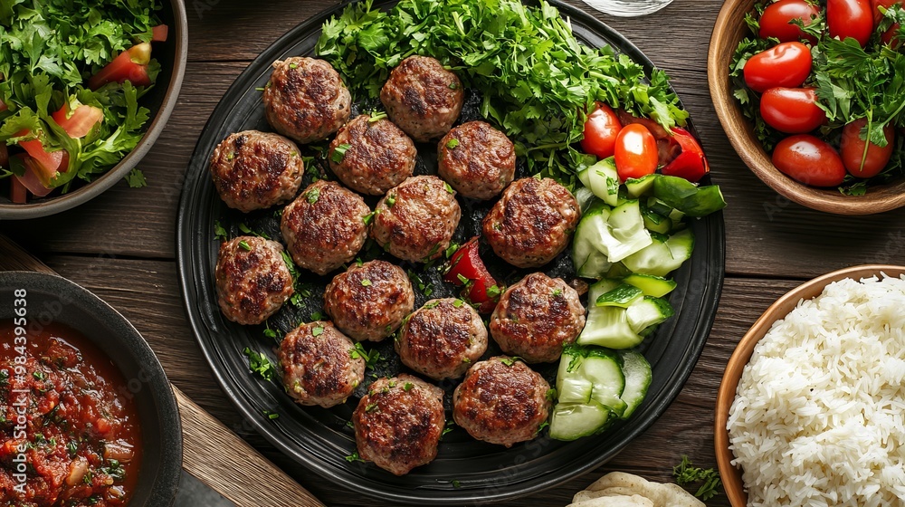 A Köfte. The most popular Turkish dishes. Turkish meatballs made from ground beef or lamb, mixed with spices and grilled or fried. They are often served with sides like rice, grilled vegetables. A Köfte. The most popular Turkish dishes. Turkish meatballs made from ground beef or lamb, mixed with spices and grilled or fried. They are often served with sides like rice, grilled vegetables.