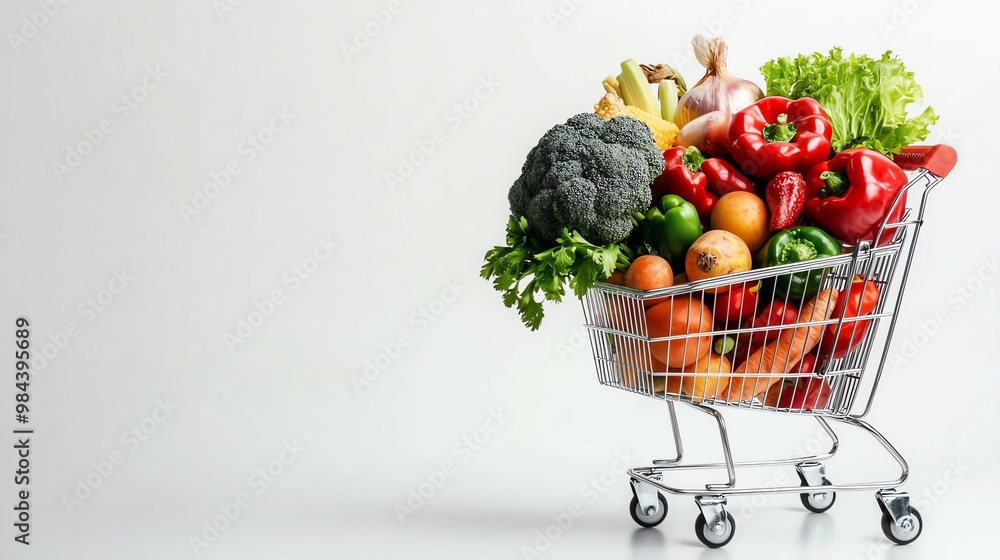 Shopping cart with fresh vegetables and fruits, white isolate background Shopping cart with fresh vegetables and fruits, white isolate background