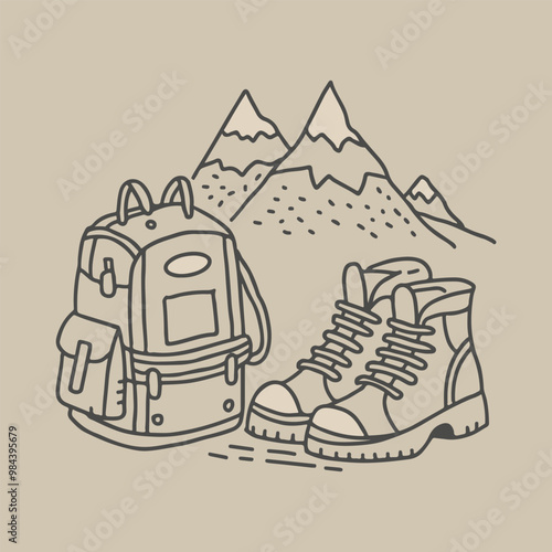 Vector illustration of hiking boots, backpack, and mountains in a simple line art style. Ideal for outdoor adventure, trekking, travel themes, and camping designs