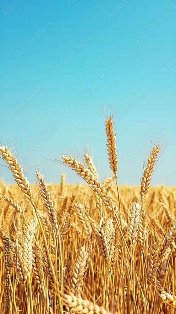 A vibrant image depicting a golden wheat field under a clear, bright blue sky. The tall stalks of wheat dominate the foreground, their heads ripe and ready for harvest. The details of the wheat grains A vibrant image depicting a golden wheat field under a clear, bright blue sky. The tall stalks of wheat dominate the foreground, their heads ripe and ready for harvest. The details of the wheat grains