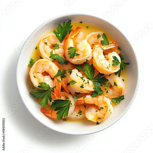 Shrimp dish with herbs in a bowl, white isolate background