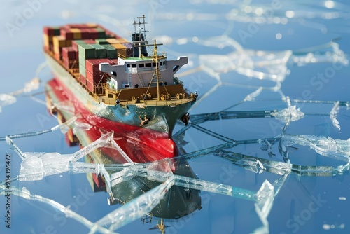 A cargo ship trying to break through a glass ceiling International Trade Barriers showing limits placed on free market expansion photo