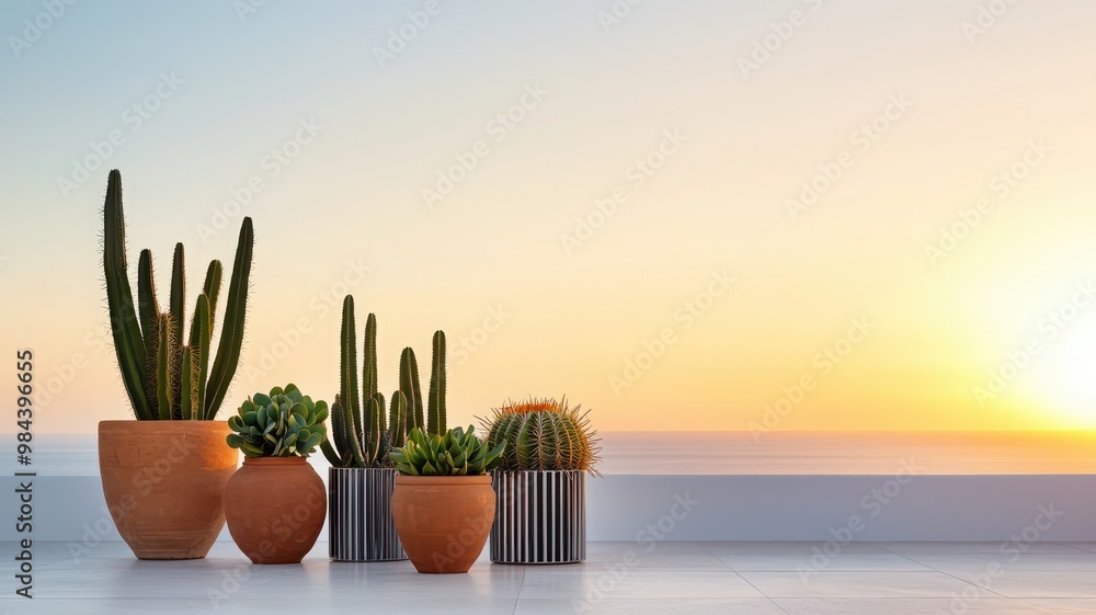A serene sunset view featuring various potted cacti on a balcony, perfect for relaxation and nature lovers. A serene sunset view featuring various potted cacti on a balcony, perfect for relaxation and nature lovers.
