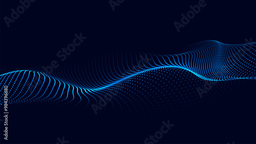 Wave of moving dots on an abstract dark background. 3D Vector illustration.