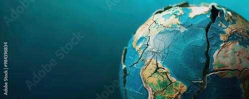 A cracked globe with trading routes broken, symbolizing a disrupted global economy, broken trade links, international conflict