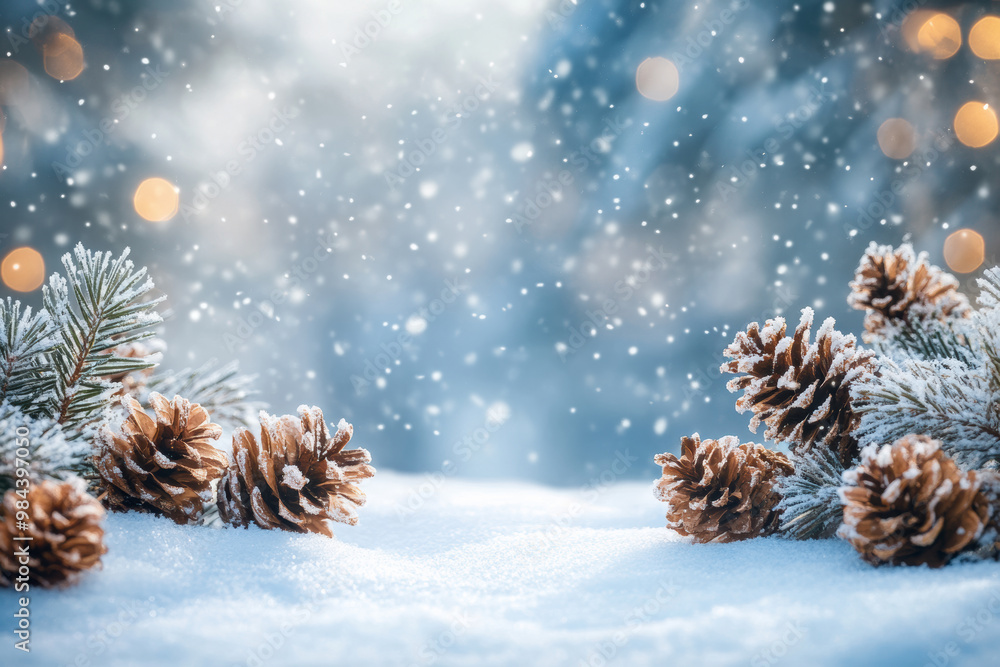 Christmas background with fir branches and cones