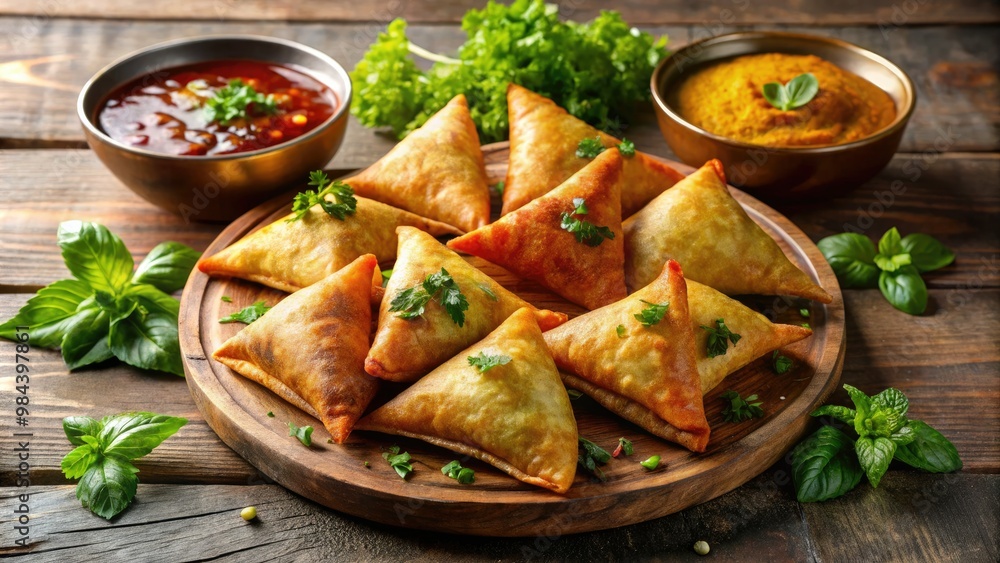 Crispy golden samosas filled with aromatic meats or vegetables, presented with a side of creamy dipping sauce for a satisfying snack or meal. Crispy golden samosas filled with aromatic meats or vegetables, presented with a side of creamy dipping sauce for a satisfying snack or meal.
