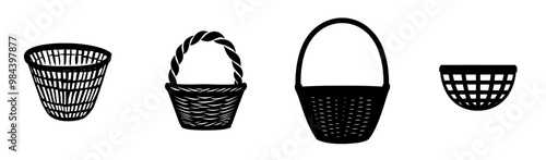 Picnic basket icon in simple style with an empty wicker basket and a handle for carrying food