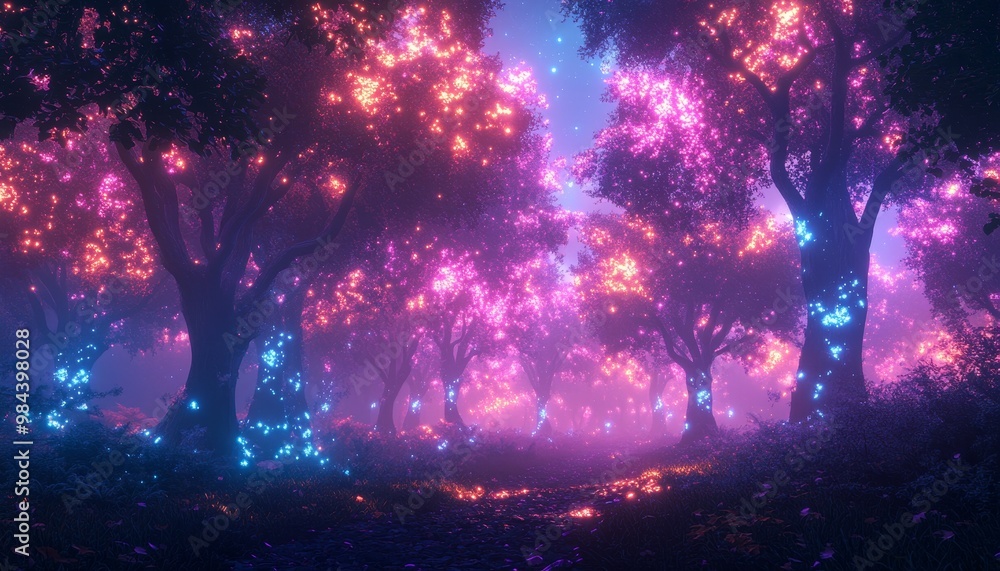 Enchanted Neon Forest: Surreal Fantasy Illustration with Glowing Colors and Dreamlike Atmosphere Enchanted Neon Forest: Surreal Fantasy Illustration with Glowing Colors and Dreamlike Atmosphere