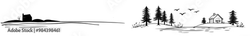 Hand drawn silhouette of the lake house in the woods. Country nature panoramic sketch. Minimalistic contour illustration of the village in the countryside. photo