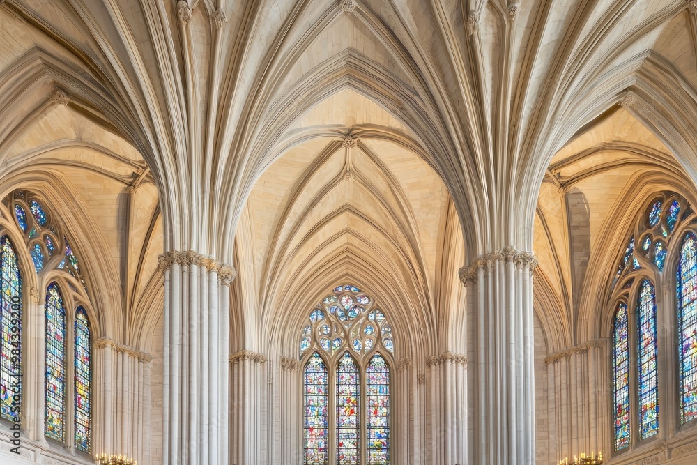 Gothic cathedral interior with soaring arches and stained glass windows Gothic cathedral interior with soaring arches and stained glass windows