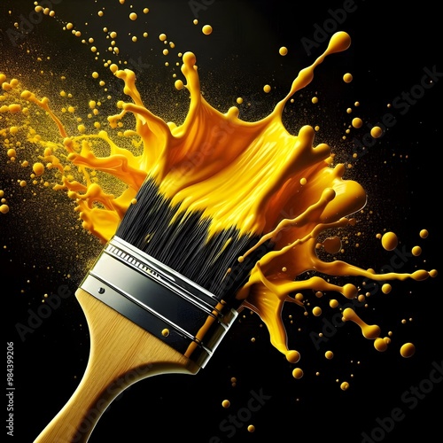 High-resolution paintbrush image
Yellow paint splash on black background
Vibrant yellow paint splash
Dynamic paintbrush with paint
Bright yellow paint and brush
Bold paint splash effect