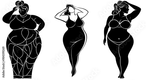 An isolated silhouette of a curvy, beautiful woman in black