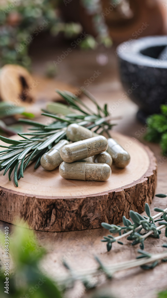 Natural Capsules in Wooden Bowl on Woven Mat with Botanical Accents - Earthy and warm, this scene shows natural capsules in a rustic wooden bowl set on a woven mat Natural Capsules in Wooden Bowl on Woven Mat with Botanical Accents - Earthy and warm, this scene shows natural capsules in a rustic wooden bowl set on a woven mat