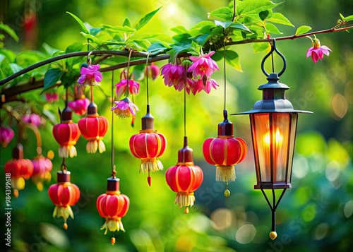 Delicate, lantern-shaped flowers in vibrant hues burst forth against a lush green backdrop, creating a captivating floral display that steals the show. photo