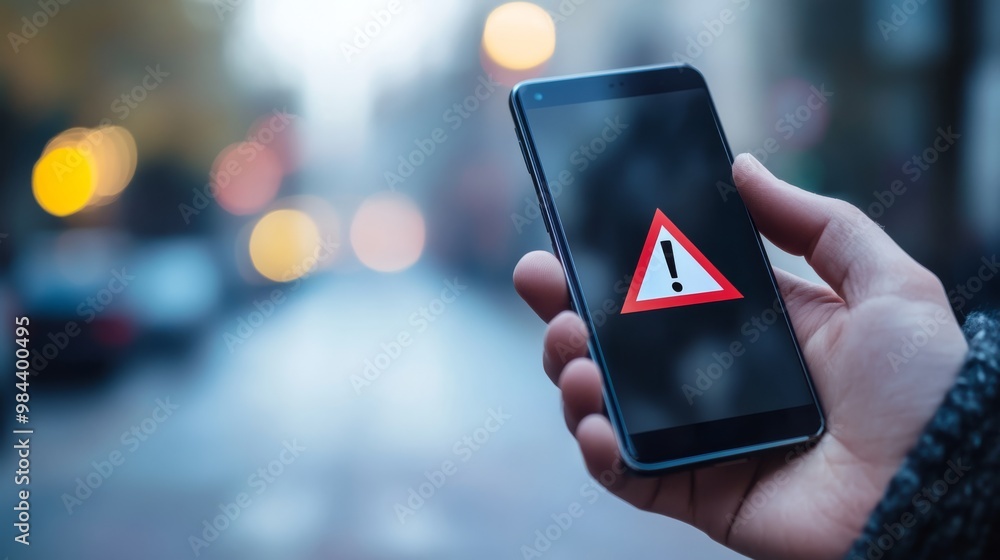 Fototapeta premium A smartphone prominently displays a warning symbol, which serves as an important signal to exercise caution regarding potential risks and dangers associated with financial matters and investments