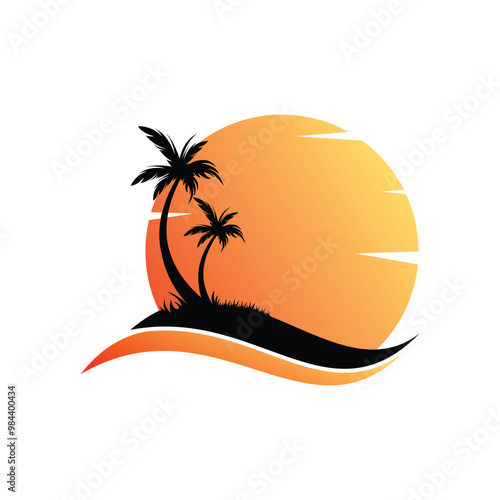 sun beach ocean wave palm coconut tree vector logo design template