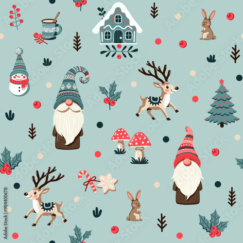Christmas winter seamless pattern with gnomes, deers, rabbits, mushrooms, christmas trees, branches, berries, cocoa mug, cookies, gingerbread house on blue background for new year holidays and festive