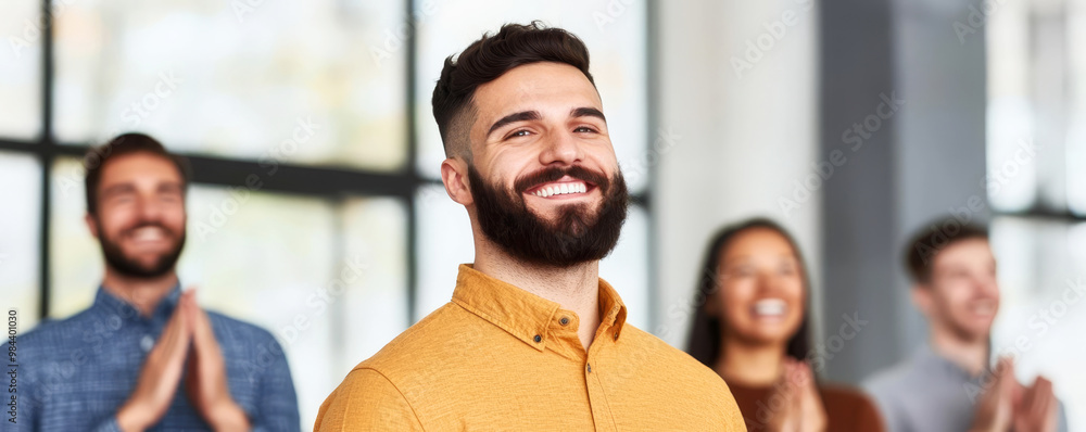 Smiling coworkers giving a standing ovation in a trendy, vibrant office space, team celebration, business success Smiling coworkers giving a standing ovation in a trendy, vibrant office space, team celebration, business success