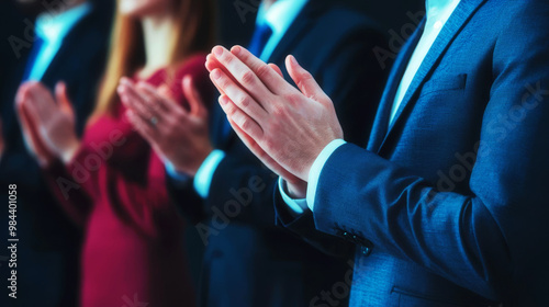 Business colleagues in formal wear standing and clapping under glowing light rays, symbolizing success, unity, and professional recognition