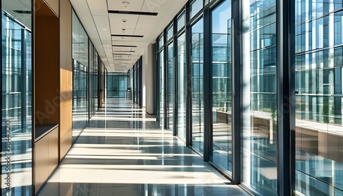 Bright and inviting modern office corridor featuring glass walls and well-structured workstations, showcasing a professional and organized workspace.