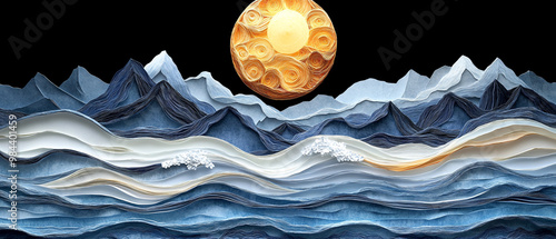 An artistic depiction of waves and mountains under a bright sun, showcasing vibrant colors and textured layers in a serene landscape.