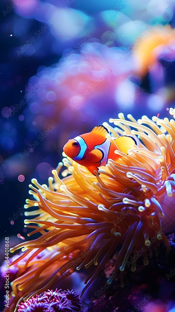 Obraz premium Clownfish Vibrant Underwater Scene Colorful Anemone Marine Life Ocean Exploration. AI Generated