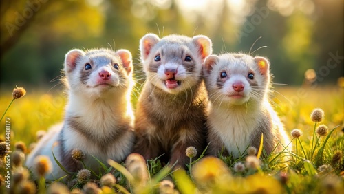 Ferrets dance playfully in a bright and airy setting, their little legs moving quickly as they chase and tumble together in a bundle of joy.