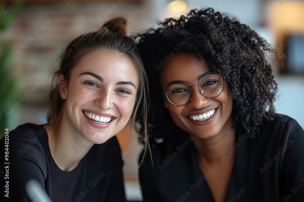 Happy multiethnic smiling business women working together in office Happy multiethnic smiling business women working together in office