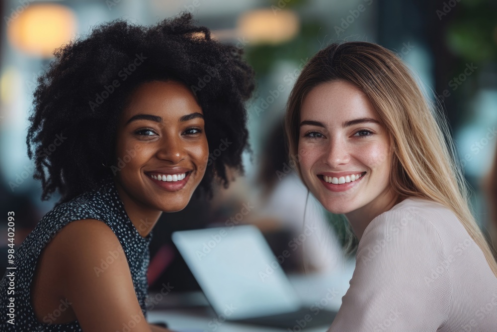 Happy multiethnic smiling business women working together in office Happy multiethnic smiling business women working together in office