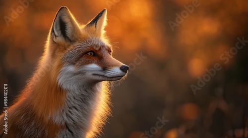 Close-up of a red fox with soft lighting, gazing into the distance, against a warm, golden background