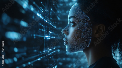 AI cyber security threat illustration, black african american female IT specialist analysing data science nformation technology, augmented reality artificial intelligence, side profile, copy space photo