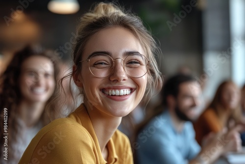 Joyful young businesswoman leading diverse team in engaging meeting