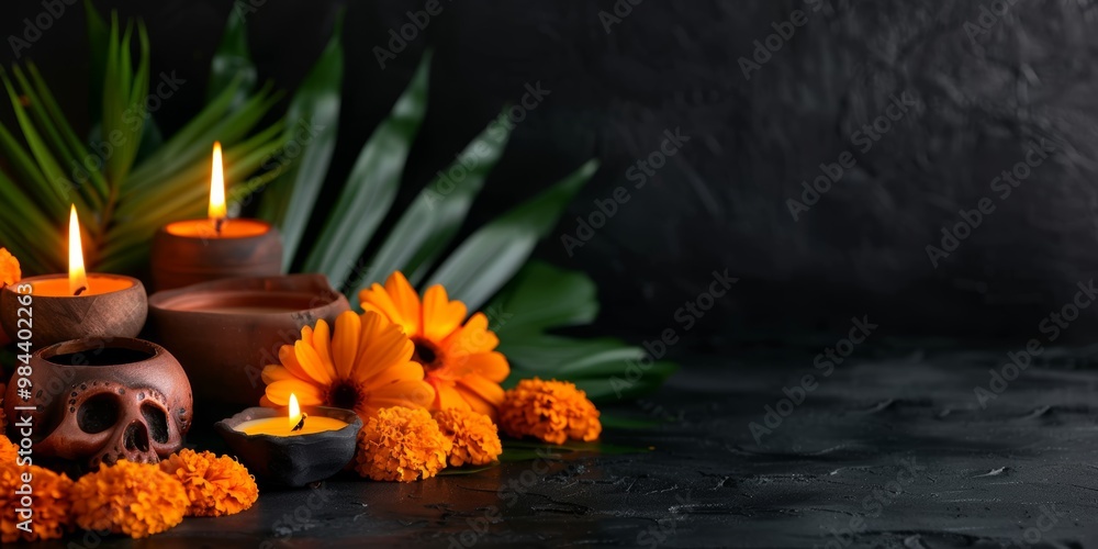 Candles flicker beside marigolds and decorative elements, creating a serene ambiance Candles flicker beside marigolds and decorative elements, creating a serene ambiance