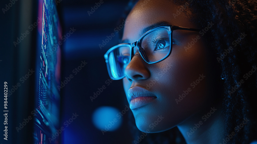 Black female cyber security analyst analysing AI cyberspace threats on computer in dark tech office data centre. Blue lighting. African american IT specialist ethical hacking Black female cyber security analyst analysing AI cyberspace threats on computer in dark tech office data centre. Blue lighting. African american IT specialist ethical hacking