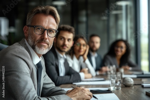 Caucasian CEO leads diverse team in boardroom meeting.