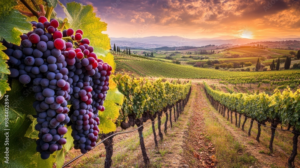 Naklejka premium Huge cluster of fully ripe red wine grapes on a farm in Tuscany, Italy's Chianti area before to harvest