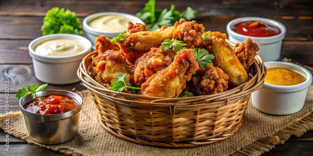 Freshly fried chicken wings drenched in flavorful sauce, presented in a basket with a collection of cool dipping sauces to complement every bite. Freshly fried chicken wings drenched in flavorful sauce, presented in a basket with a collection of cool dipping sauces to complement every bite.