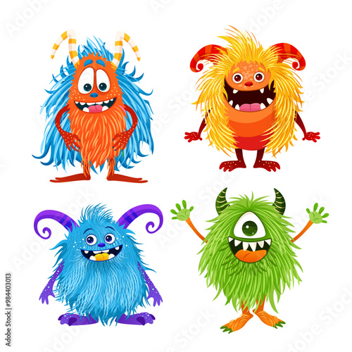 Set of cute little monsters. Fictional creatures for children's print, posters, cards, Halloween designs. Cartoon vector illustrations. isolated magical fluffy animals on white background. Clip-arts.