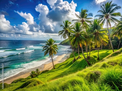 Gentle slopes of emerald grass rise to meet the horizon, where ocean waves in rhythmic motion kiss the shore beneath a canopy of towering palm trees.