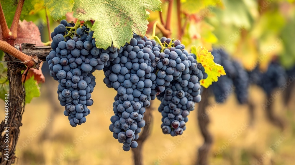 Huge cluster of fully ripe red wine grapes on a farm in Tuscany, Italy's Chianti area before to harvest Huge cluster of fully ripe red wine grapes on a farm in Tuscany, Italy's Chianti area before to harvest