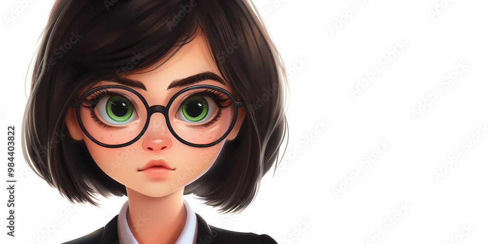 A cute character with short hair and glasses in a professional pose against a white background A cute character with short hair and glasses in a professional pose against a white background